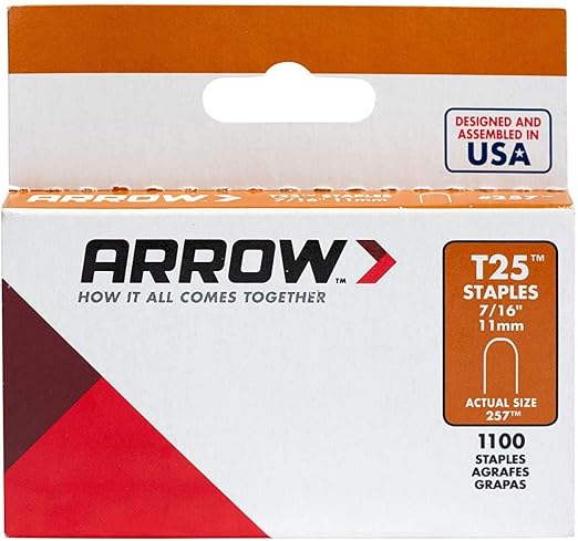 Arrow Heavy-Duty T25 Round Crown Staples, 1100 Count | For Low Voltage Cables & Wires, Up to 1/4" Wire Diameter, 7/16" Leg Length, 5/16" Crown Width