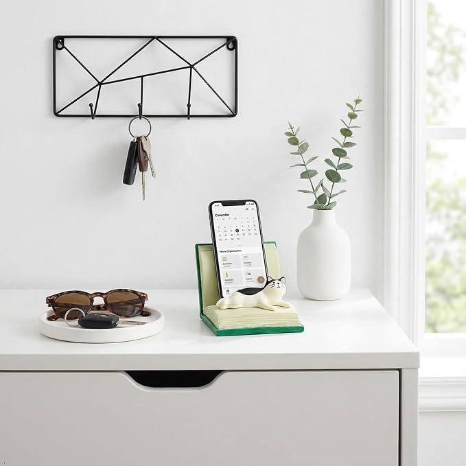 RAQWI Cat Lying on Book Phone Stand, Cute Kitten Cell Phone Holder for Desk, Creative Resin Bookish Decor for Home Office, Gift for Readers & Cat Lovers (Green)