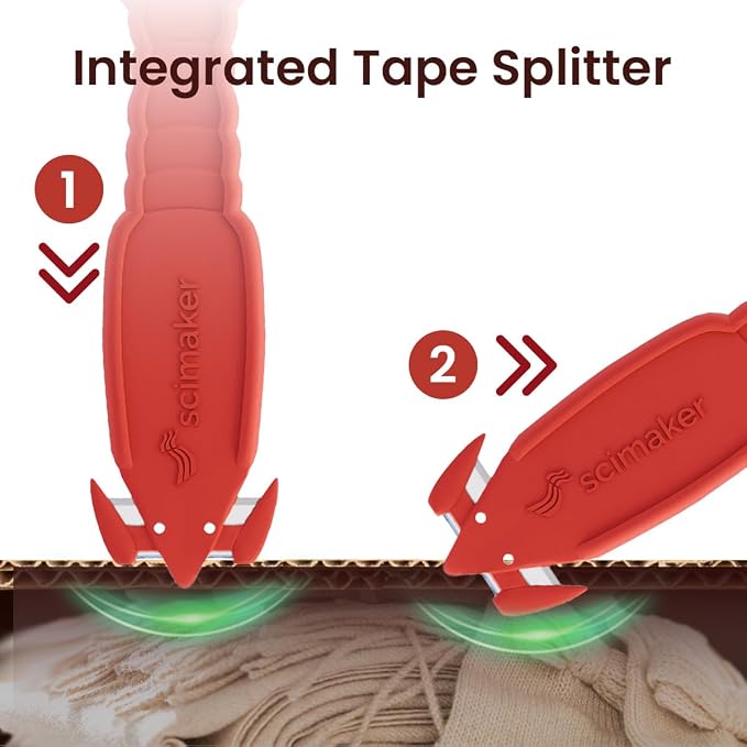 Safety Box Cutter Knife, Recessed SK-2 Blade, 12-Pack Red | Mini package opener tool, finger-safe hidden knife, built-in tape splitter for cardboard & shrink wrap, ambidextrous grip.