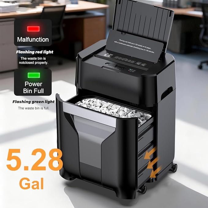 120-Sheet Auto Feed Paper Shredder, 40 Min Non-Stop, Shredders for Home Office Heavy Duty, P-4 Ultra Security Shredder for Home Office, Cross-Cut with Wheels, 5.28 Gal Bin, <63 dB (OL287)