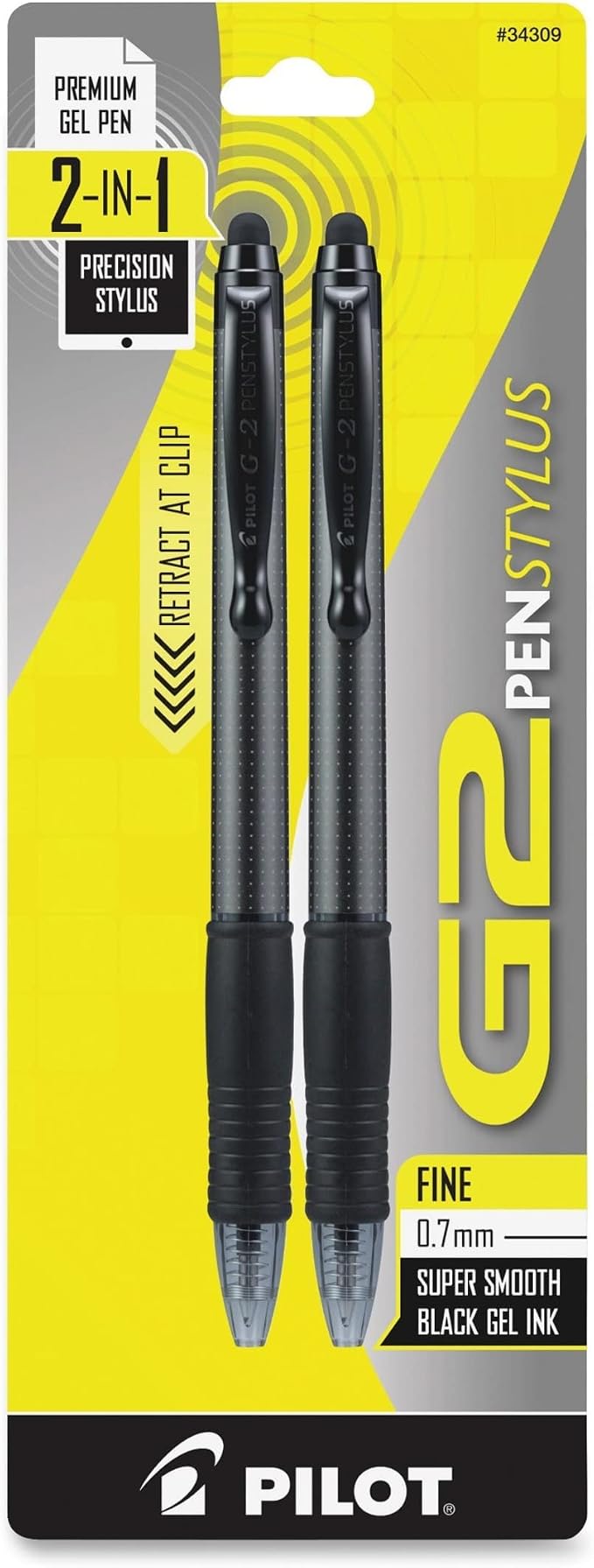 PILOT G2 Pen Stylus, Gray Barrel, 0.7 mm, Black Ink Pens, Pack of 2