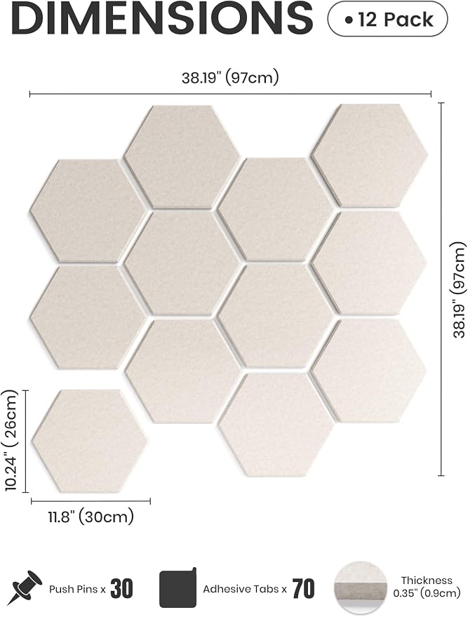 Fluxynara 12-Pack Hexagon Felt Bulletin Board Tiles, Oatmeal | Cork Board Alternative with 60 Adhesive Tabs for Notes, Photos and Reminders in Home Offices, Dorm and Classrooms