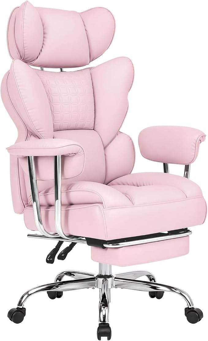 DUMOS Big and Tall Home Office Desk Chair, Executive Chair with Footrest | Scratch-Resistant PU Leather, Ergonomic Reclining, Pocket Spring Support, 400 LBS Weight Capacity, Pink