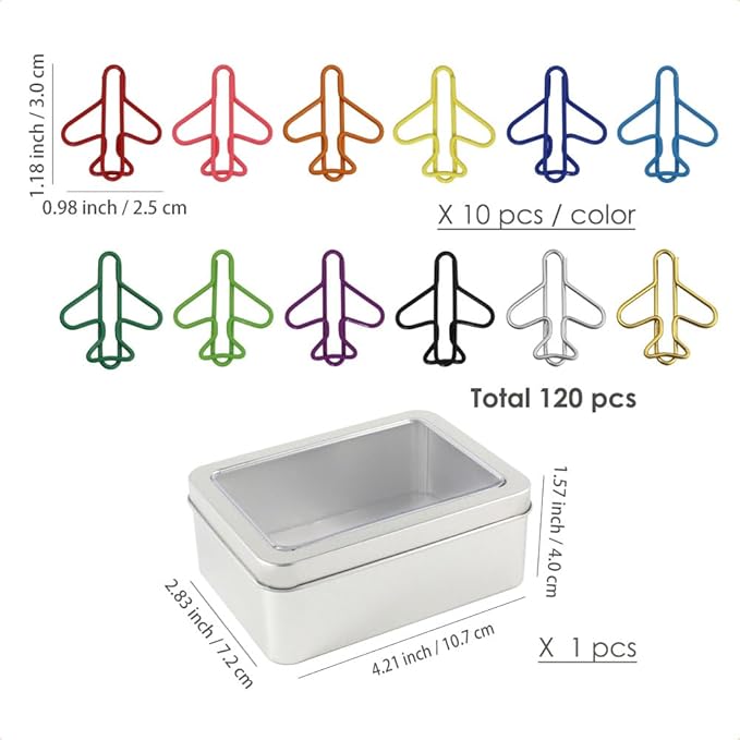 OWLFAVO 120pcs Airplane Shape Paper Clips with Storage Box, 12 Colors, Funny Cute Paperclips Bookmarks Planner Clips for Fun Office Supplies College Gifts Wedding Decoration
