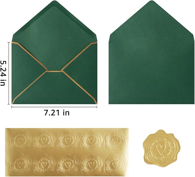 50 Pieces A7 Envelopes with Gold Border, 5.24 x 7.21 Inches Envelopes with Gold Stickers for Greeting Cards and Invitation (Dark Green, A7-5x7)