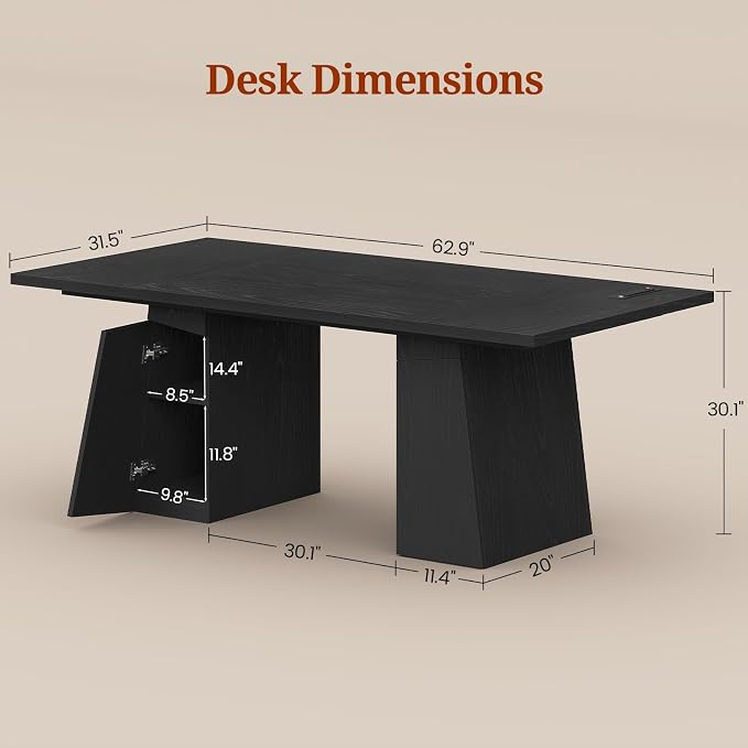 63 in Executive Desk with Power Outlets, Modern Home Office Desk with Storage Cabinet, Wood Computer Desk Business Workstation Desk Conference Table Black