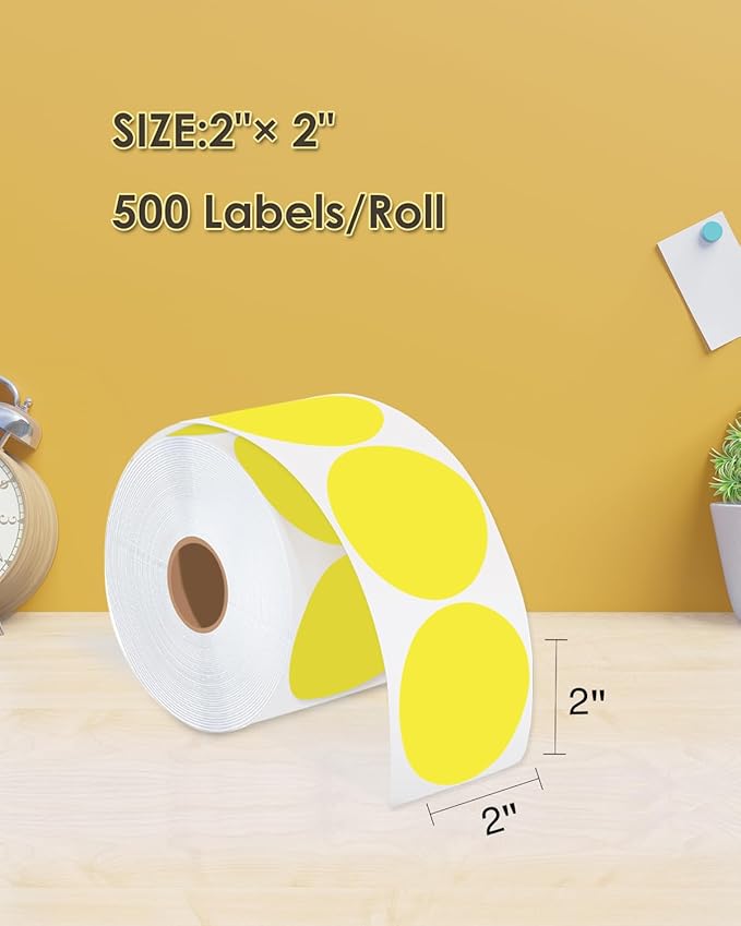 2 Inch (50.8mm x 50.8mm) Round Thermal Circle Sticker Labels, Self-Adhesive Multi-Purpose Roll Labels for DIY Logo Design, QR Code, Name Tag, Roll of 500, Yellow