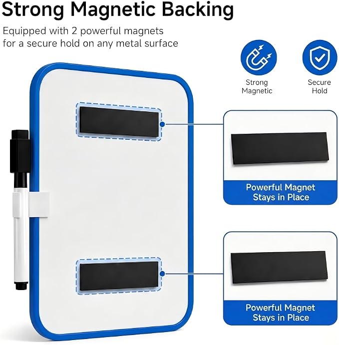 2 Pack Magnetic Dry Erase Board 6" x 8", Mini Whiteboard with Marker, Magnets & Pen Holder, Small Magnetic Whiteboard for Fridge, Locker, Office Desk, Kitchen, School & Home Organization(Blue)