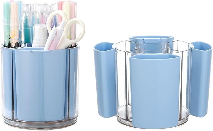 Comix Pen Holder for Desk, 360° Rotating Pencil Holder with 5 Slots, Cute Blue Plastic Desk Organizer for Home School Office Supplies
