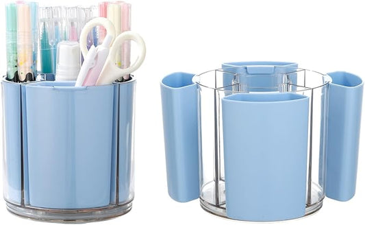 Comix Pen Holder for Desk, 360° Rotating Pencil Holder with 5 Slots, Cute Blue Plastic Desk Organizer for Home School Office Supplies