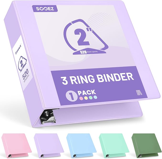 Sooez 3 Ring Binder 2 Inch, D-Ring Binder with Pockets, Purple, Letter Size | Holds 520-Sheet of 8.5x11 Paper, Extra Durable, PVC-Free, Clear View Cover, Interior Pockets, Eco-Friendly, School, Office
