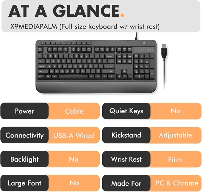 X9 Wired Ergonomic Keyboard - Comfortable Typing - Ergonomic Full Size USB Keyboard with Wrist Rest, Number Pad, Multimedia and 114 Keys - External Computer Keyboard for Laptop, Desktop and Office PC