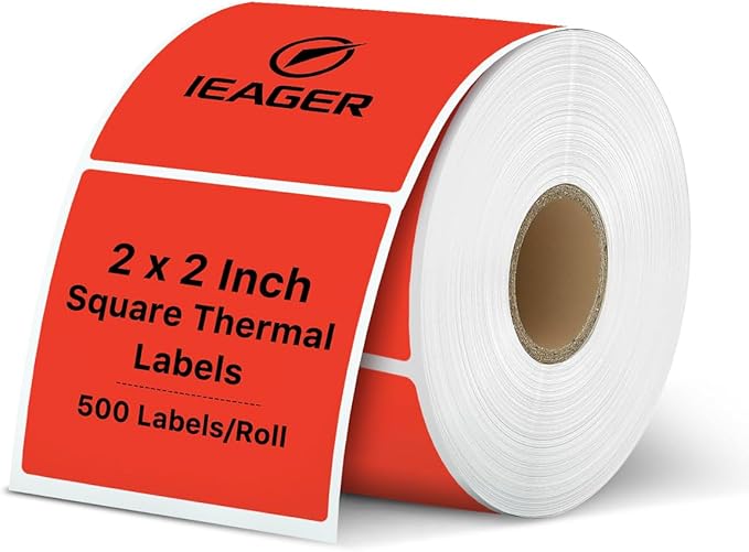 iEager Red Square Thermal Label Stickers, 2"x2" Self-Adhesive Square Direct Thermal Labels with Perforation Line, 500 Sheets/Roll