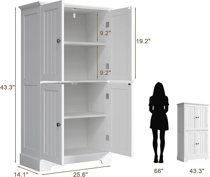 ChooChoo Bathroom Floor Cabinet with Adjustable Shelves | Bathroom Storage Cabinet, 4 Doors, Freestanding Cupboard for Living Room, Kitchen Pantry, White