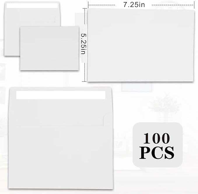 100Packs A7 White Envelopes 5x 7 Inch Card Envelopes,Self Seal for Weddings, Greeting Cards，Mailing， Invitations, Photos, Postcards