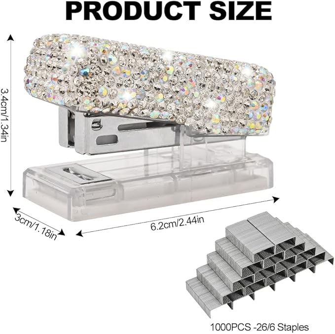 Bling Rhinestone Stapler, Sparkly Diamond Staplers, Cute Desk Stapler for Women & Girls, Bling Crystal Machine Pretty Office Stationery Kit (Clear with AB Color Plated, Small)