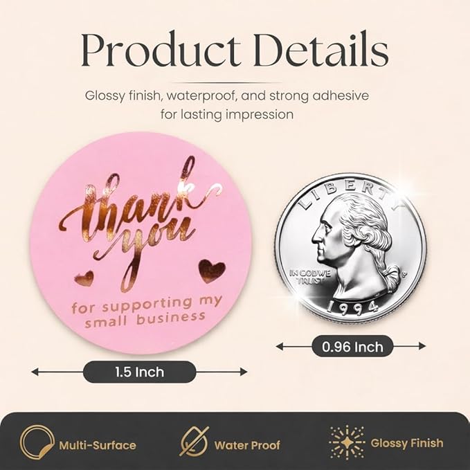 500 Pcs 1.5 Inch Pink and Rose Gold Thank You Stickers for Small Business, Small Business Packaging, Self-Adhesive & Waterproof Stickers with Beautiful Designs, Strong and Durable Envelope Seals