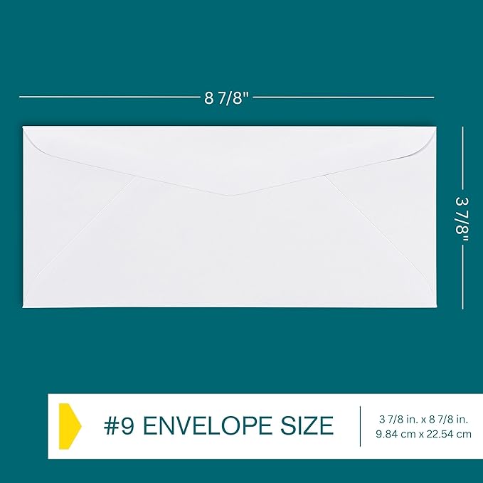 #9 Envelopes Letter Size - 80 Pack - Security Tinted 3 7/8" x 8 7/8" Gummed Seal Business Envelopes - Return Mailing Envelopes for Checks, Invoices, Statements - 24lb Plain White Paper