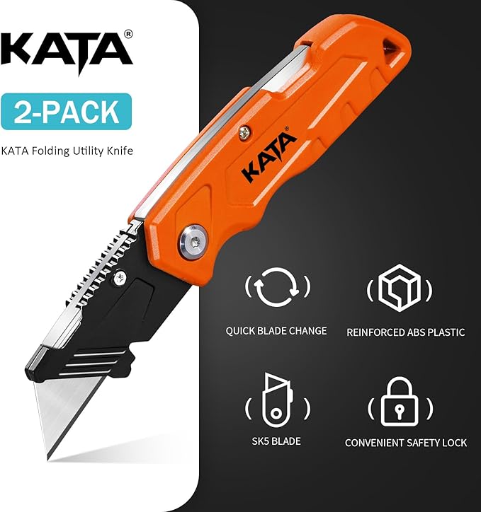 KATA Folding Box Cutter Knives - Heavy Duty Utility Knife Box Cutters with Extra 10pcs Razor Blades - 2-Pack Pocket Knife Plastic Cardboard Opener Tool - Used for Cutting Cartons, Boxes (Orange/Blue)