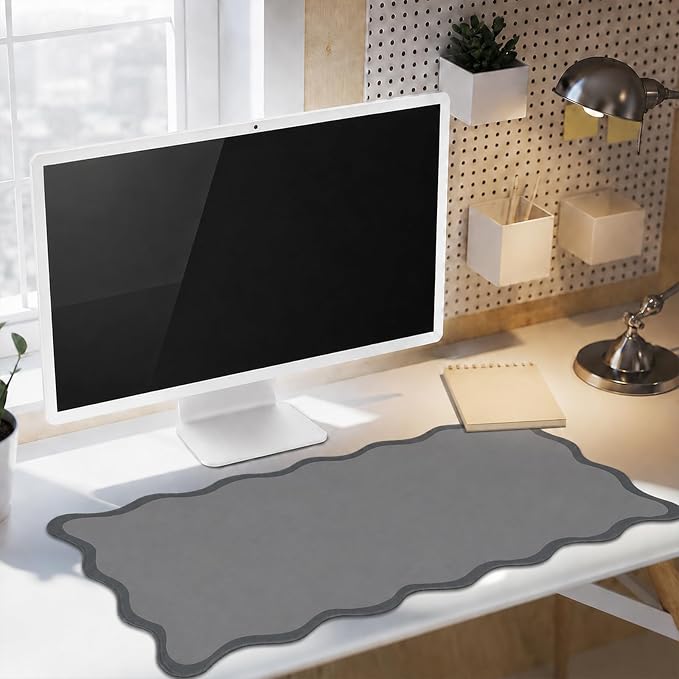 Hahafelt Scalloped Desk Mat Waterproof,Grey,31.5 X 15.8 Inches | Coquette Preppy Style for School Office Makeup Vanity, Nonslip Gaming Desktop Protector with Scalloped Stitched Edge Mat