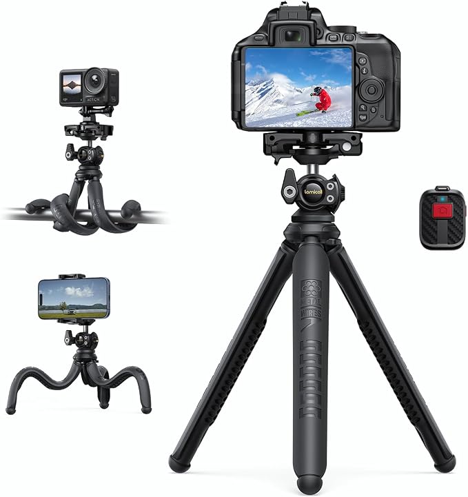 Lamicall Tripod for Camera with Wireless Remote 8-Strand Aluminum Core | Flexible Silicone Legs, Heavy-Duty Phone Stand with 1/4'' Screw & Cold Shoe for iPhone Pocket 3/4 Samsung GoPro DSLR Camera