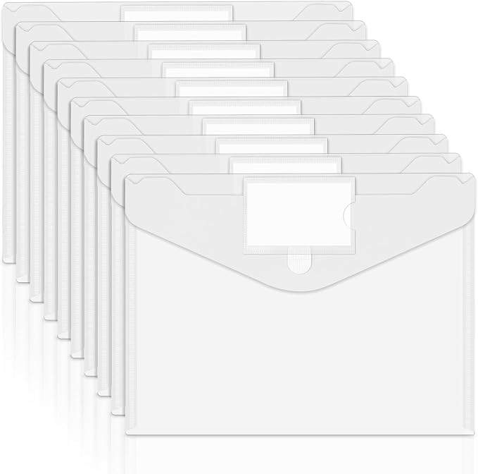 10 Pack Plastic Envelopes File Folders, Plastic Filing Folders A4 Pouch | Safe Closure, Colored Folder for Documents Letter A4 Size with Label Pocket, Office Teacher School Supplies Storage