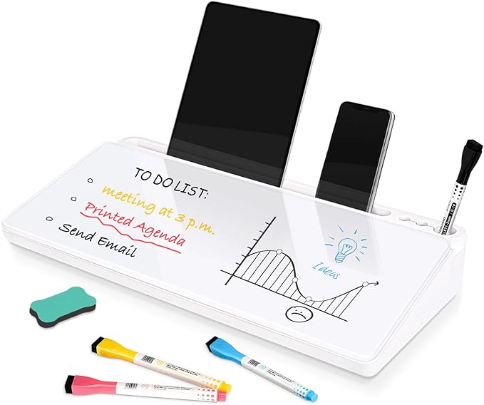 DOLLAR BOSS Glass Desk Whiteboard Small Dry Erase Board, White | Desktop White Board with Storage Drawer, Computer Keyboard Stand, Desk Organizer, Office Supplies, With Markers, Eraser