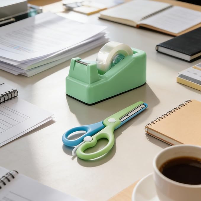 Desktop Tape Dispenser Kits with Weighted Nonskid Base Tape Dispenser- Includes 9 Rolls of Transparent Tape(0.71 Inch x 500 inches Each) & Blue Scissors, 2 Pcs Tweezers (Green)