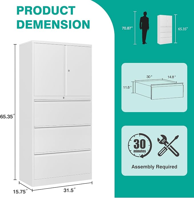 3 Drawer Lateral File Cabinet with Lock and Shelf,White Metal Filling Cabinet with Drawers and Shelf, Locking File Storage Cabinets with Doors and Shelves for Home,Office,Garage,School