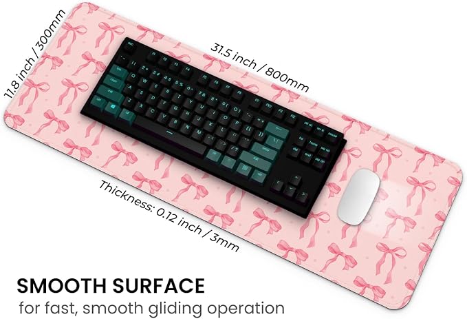 MAY FLOWER Gaming Mouse pad, Large Laptop Mousepad, Full Keyboard Mat, Long Computer Mouse Mat for Home and Office, Anti-Slip Rubber Base, 31.5 x 11.8 Inches (Pink Bow)