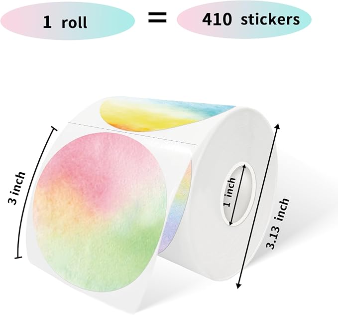 3 Inch Rainbow Round Thermal Label, Self-Adhesive Waterproof Circle Sticker for Logo Design, Multipurpose Direct Thermal Labels, 410 Sheets/1 Roll