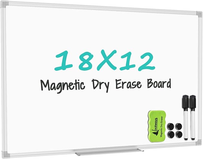 Lockways Dry Erase Board, 18 x 12 Magnetic Whiteboard Dry Erase | Aluminum Frame White Board with 1 Eraser & 1 Pen Tray & 2 Markers & 4 Magnets