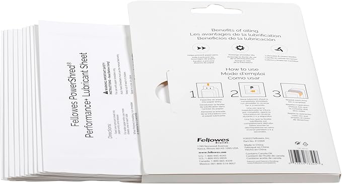 Fellowes Powershred Performance Paper Shredder Lubricant Sheets with Paper Shredder Oil Lubricant for Cross-Cut and Micro-Cut Paper Shredders, 6 x 8.50 x 0.031 Inch, 10-Pack