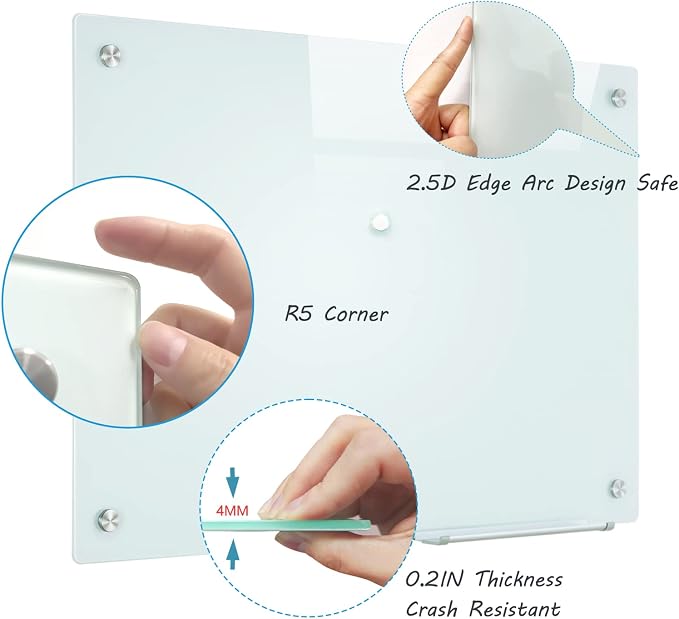 Magnetic Glass Whiteboard, 36"x48"(90x120cm) Frameless Dry Erase Board White Board Surface Wall Mounted for Office, Classroom & Home