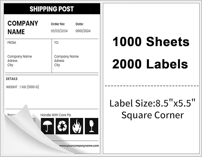Half Sheet Shipping Labels, Self Adhesive Mailing Labels for Laser & Inkjet Printers, White 8.5x5.5 Half Page Label,1000 Sheets