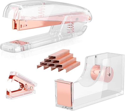ALSISK Desk Accessory Kit,Acrylic Stapler Set, Tape Dispenser, Staple Remover with 1000pcs 26/6 Staples -Rose Gold