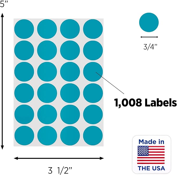 Teal Dot Stickers, 3/4 Inch, 1008/Pack | Semi-Gloss Paper Circle Labels for Offices, Retail, Classrooms, and Warehouses. Made in USA