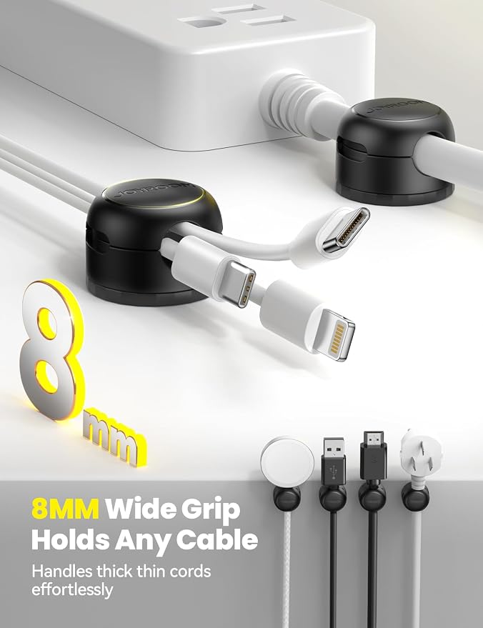 JOYROOM 8 Pack Magnetic Cable Clips, 360° Swivel Cord Organizer Wire Holder | Strong Adhesive Rotatable Cable Management Accessories for Home Nightstand Phone Charger Car Wall Office Desk Organization