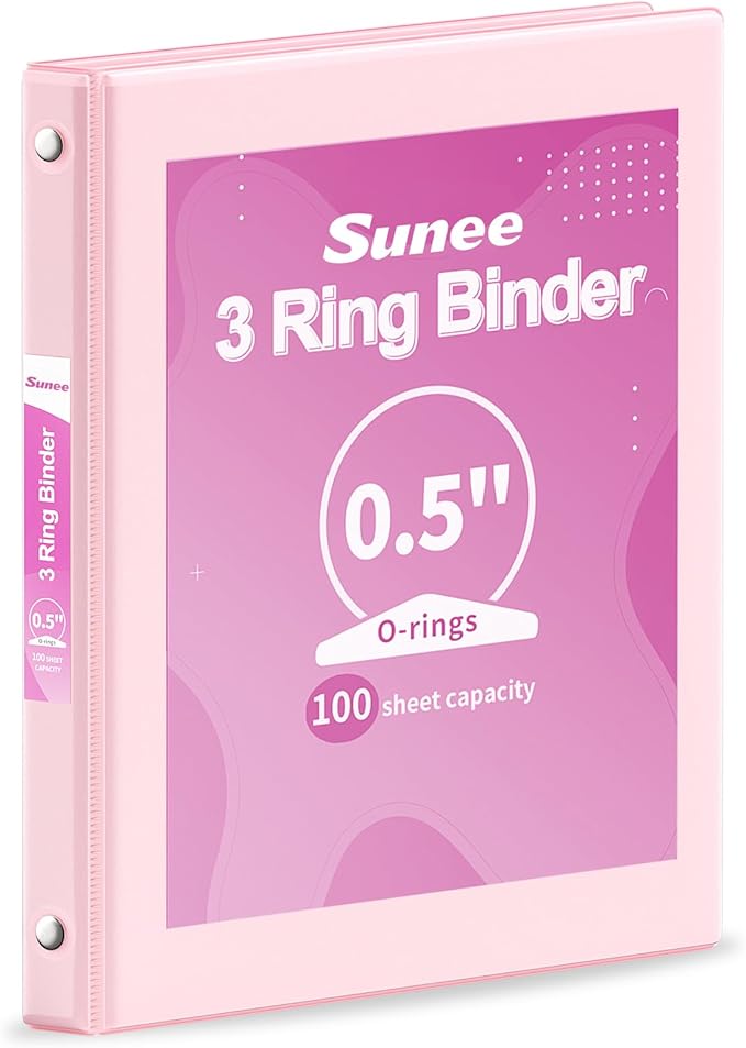 SUNEE 3 Ring Binder 1/2 Inch 1 Pack, Clear View Binder Three Ring PVC-Free (Fit 8.5x11 Inches) for School or Office Supplies, Pink
