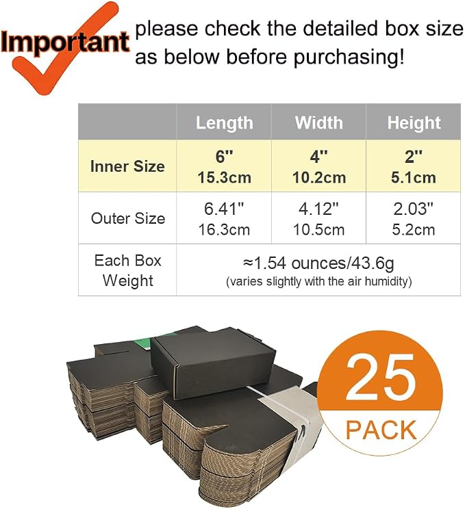6x4x2'' Small Shipping Boxes 25 Pack, Black Corrugated Cardboard Mailers for Small Business (CM642B25)