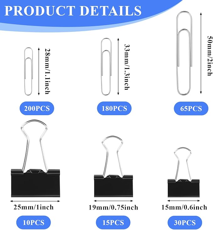 SANNIX 500Pcs Paper Clips and Binder Clips Assorted Sizes, Paper Clips | Black Binder Clips with Large Medium Small Size in Container, for Office Home School Supplies, Document Organizing