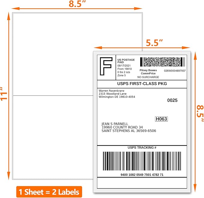SJPACK 5000 Half Sheet Shipping Labels for Laser/Inkjet Printers - 5-1/2" X 8-1/2" Blank White Labels