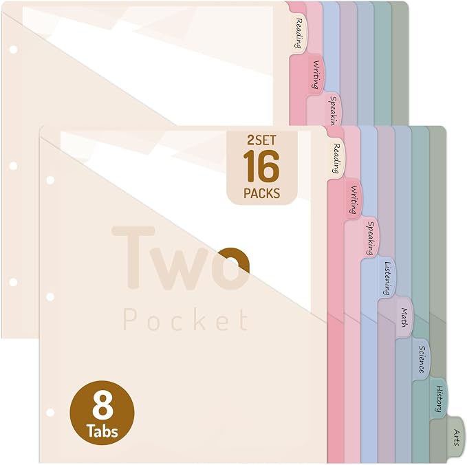 Forvencer 16 Counts Dividers with 2 Pockets, Binder Dividers with Tabs | 8 Tabs Binder Dividers for 3 Ring Binder, School Office Organization, Multicolor, Letter Size, 2 Sets