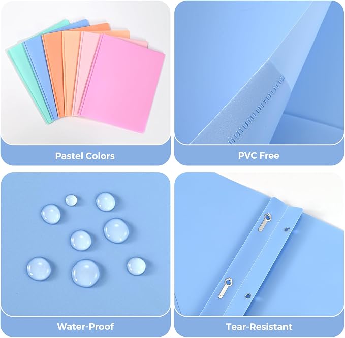 Two-Pocket-Folders with 3 Prongs, Letter Size Plastic Folders with Pockets and Prongs, Poly Plastic Folders for Office & School. 6 Pastel Colors (Assorted Colors - 12 Packs)