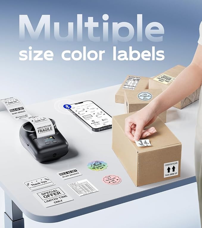 Phomemo M110 Label Printer - Label Maker Machine with 3 Roll Paper | Mini Portable Barcode Label Printer for Small Business, Retail, Address, Barcode, Home, for PC/Mac, iOS/Android- Ebony Black