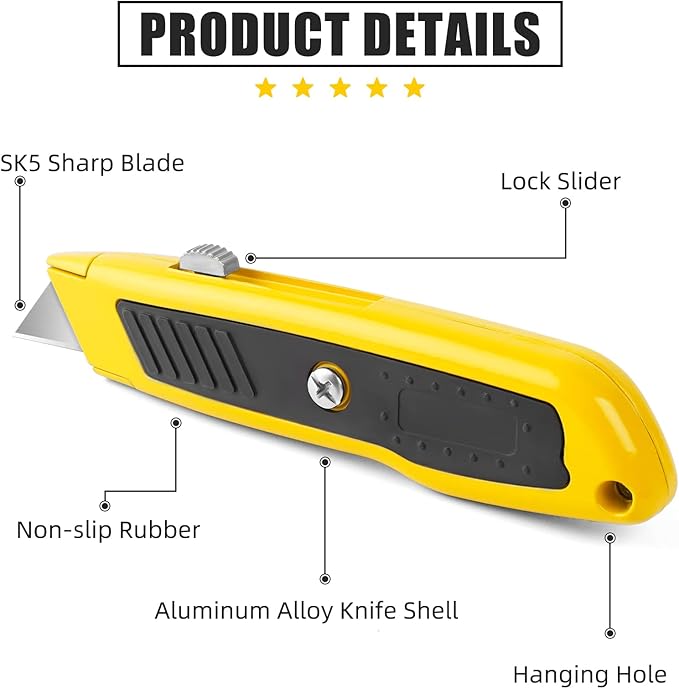 DIYSELF 4 Pack Box Cutter Retractable, Razor Knife with Auto Lock, Box Opener with 10 Blades, Box Knife, Sharp Utility Knife Retractable, Boxcutter for Cardboard, Carton, Drywall, Exacto Knife
