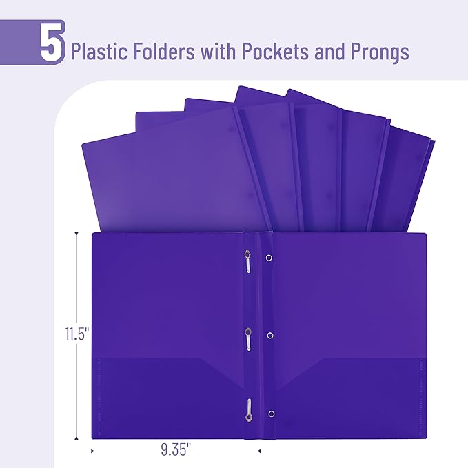 Mr. Pen- Plastic Folders with Pockets and Prongs, 5 Pack, Purple, Pocket Folders, Folders with Prongs, File Folders with Fasteners, 2 Pocket Folder, Folder with Pockets