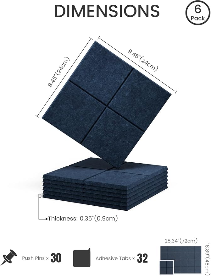 28" x 18" Felt Bulletin Board Tiles, 4-Compartment, Carbon Blue | 6-Pack Cork Board Alternative, 30 Adhesive Tabs, Push Pin Board, Wall Decor, Office, Home, Classroom, Dorm