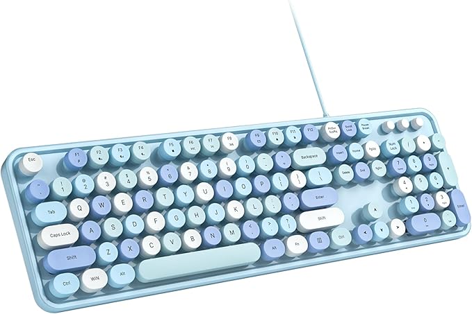 Computer Keyboard Wired, Plug and Play USB Retro Round Typewriter Keyboard, Full Size Wired Keyboard with Foldable Stands for Laptop and Office PC