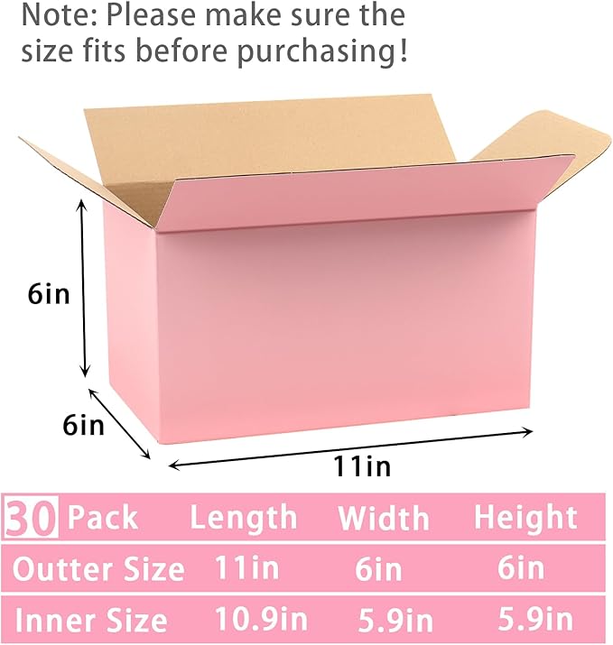 Pink Shipping Boxes Medium 11x6x6 Inches, 30 Pack Corrugated Cardboard Boxes for Packaging Small Business Mailing